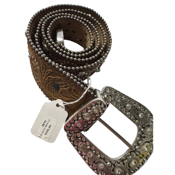 Justin Western Style Leather Belt With Silver Rhinestone Buckle & Floral Cutouts